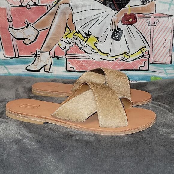 New Michael Grey The Sandal Factory Olive Exotic Blonde Hair On Slide Sandals 6 - Picture 1 of 13